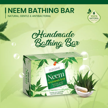 Ozone Neem Bathing Bar | Anti-Bacterial Soap for Acne & Rashes | Enriched with Neem, Coconut Oil & Castor Oil | Paraben-Free | 125g (Pack of 6)